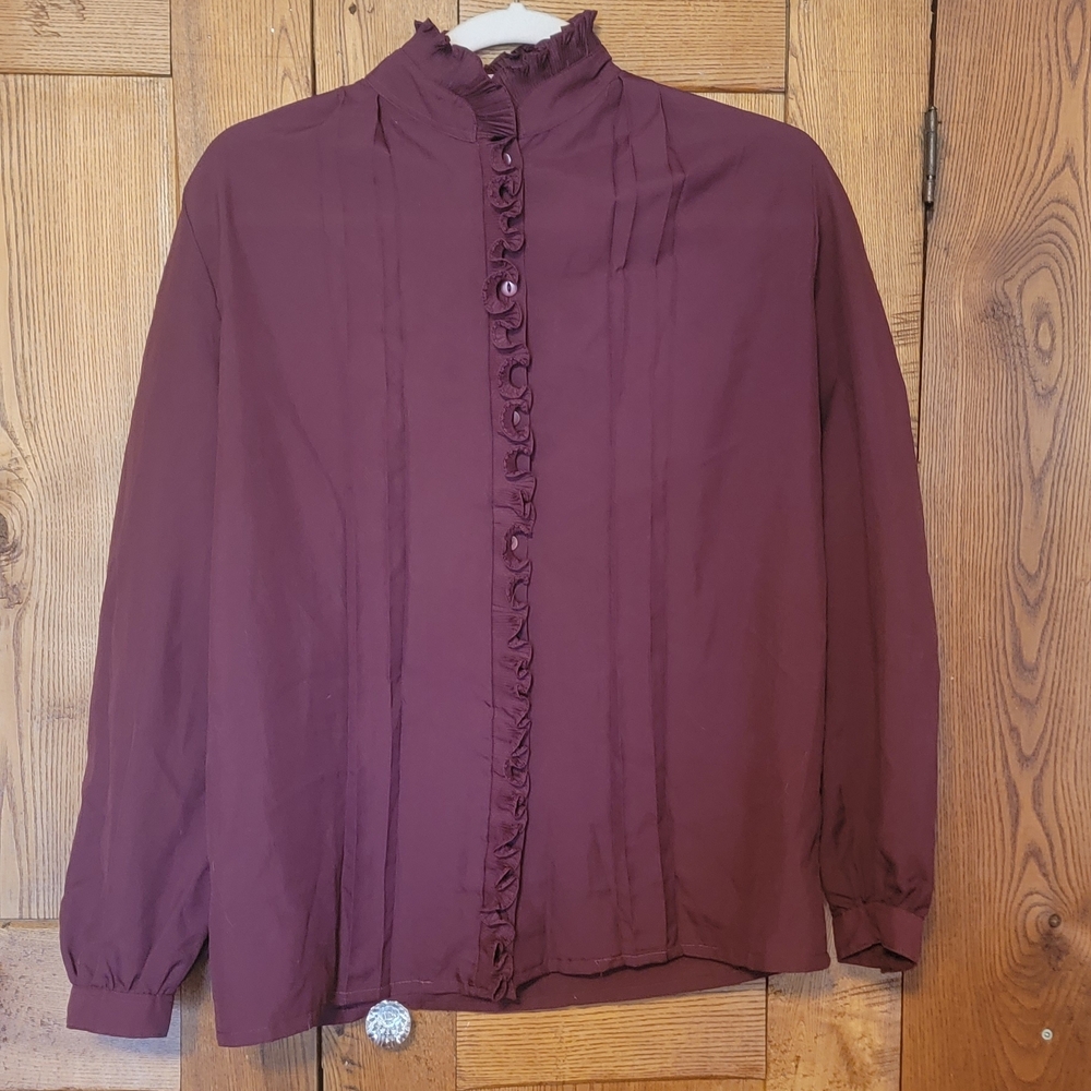Vintage Merlot Ruffle Front Blouse